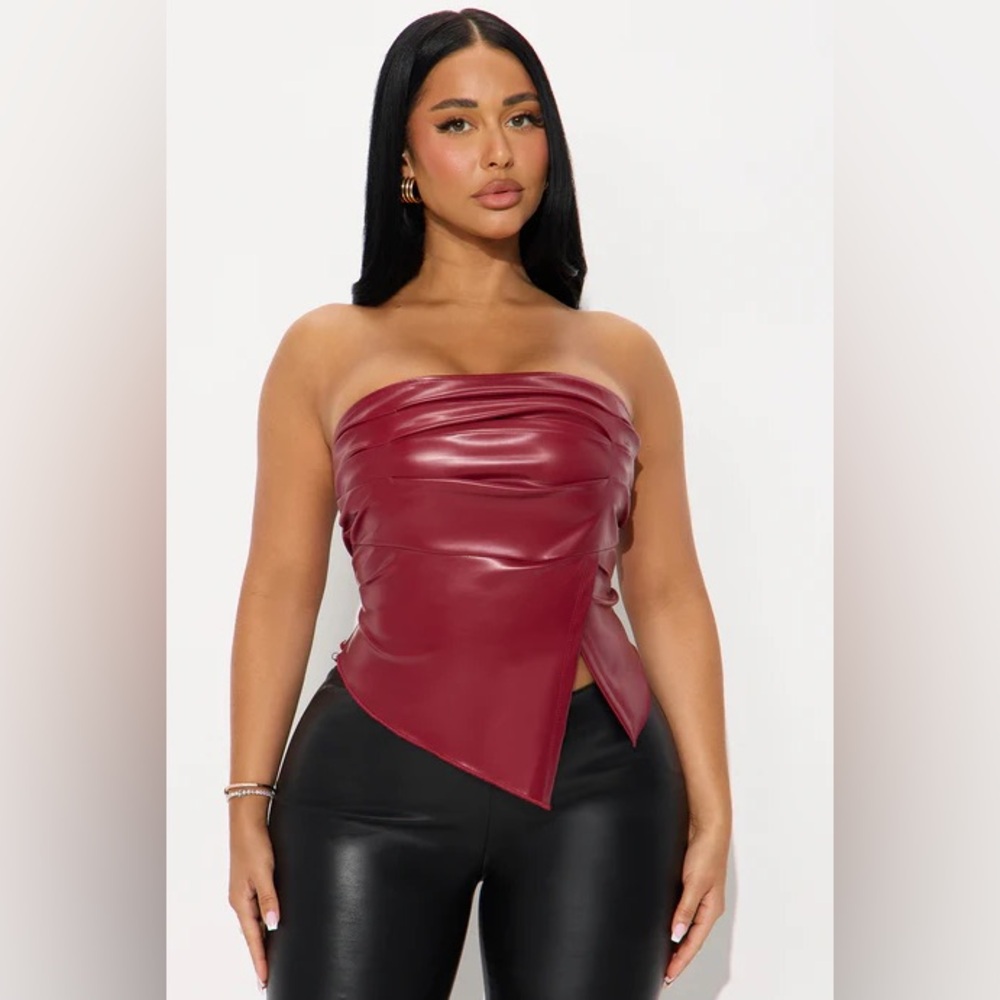 Fashion Nova Burgundy Faux Leather Strapless Asymmetrical Top